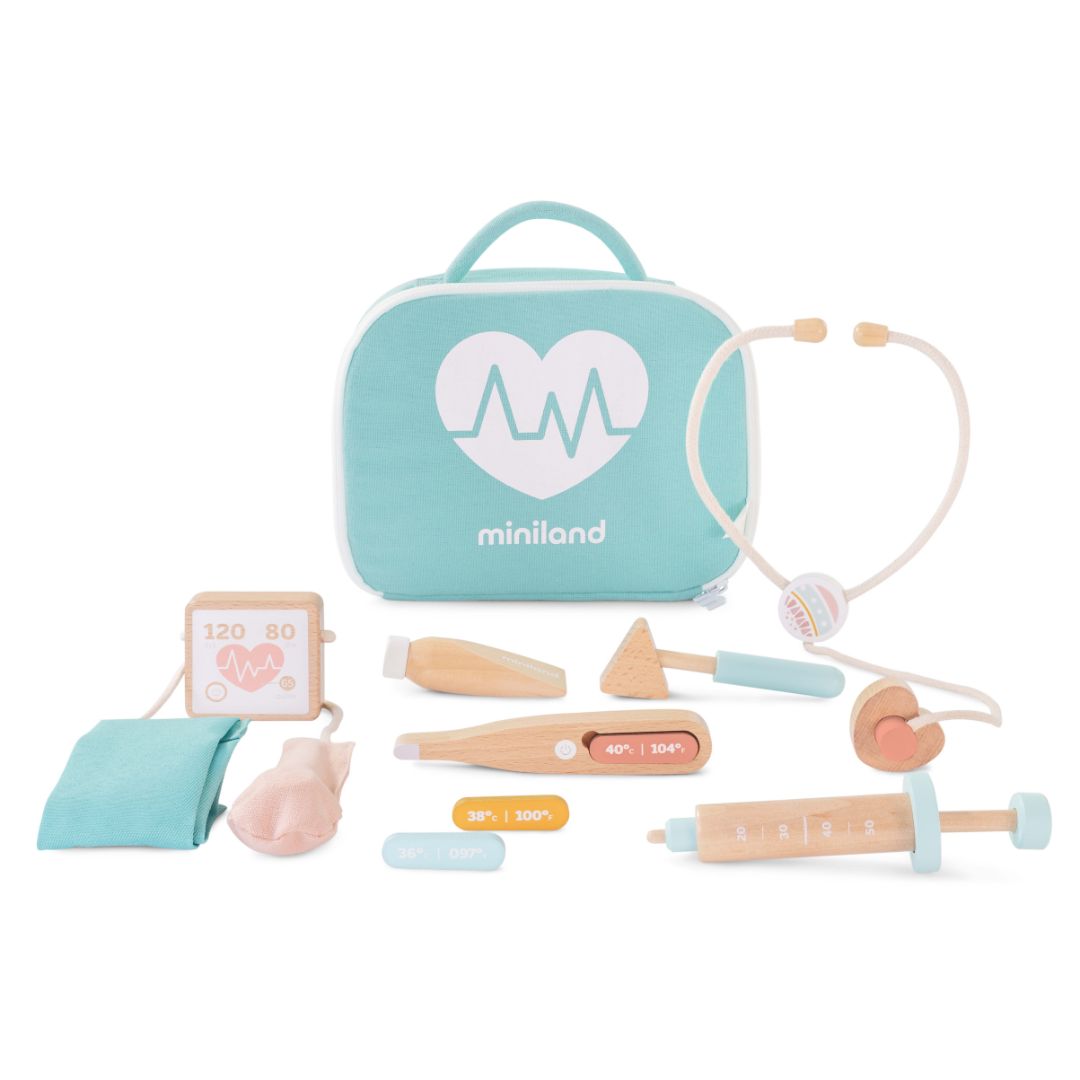 Miniland Doll-Sized Doctor Kit with toy medical tools, including stethoscope, syringe, thermometer, and teal carrying case, displayed on a white background.
