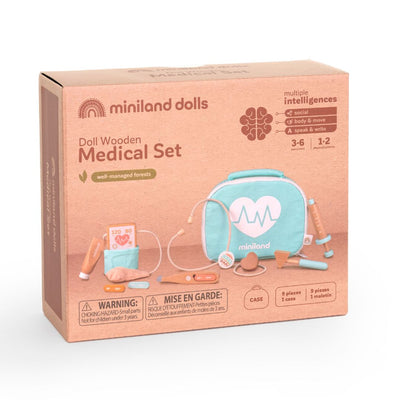 Box for the Miniland Doll-Sized Doctor Kit with toy medical tools, including stethoscope, syringe, thermometer, and teal carrying case, displayed on a white background.