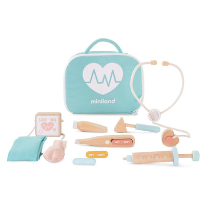 Miniland Doll-Sized Doctor Kit with toy medical tools, including stethoscope, syringe, thermometer, and teal carrying case, displayed on a white background.