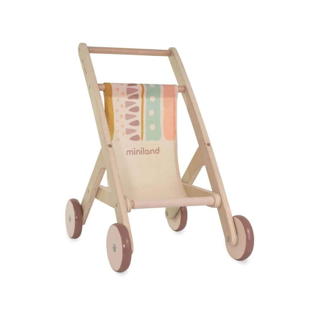 Wooden doll stroller by Miniland, made in Spain from sustainable wood with a colorful fabric seat—perfect for imaginative play with Miniland Dolls.