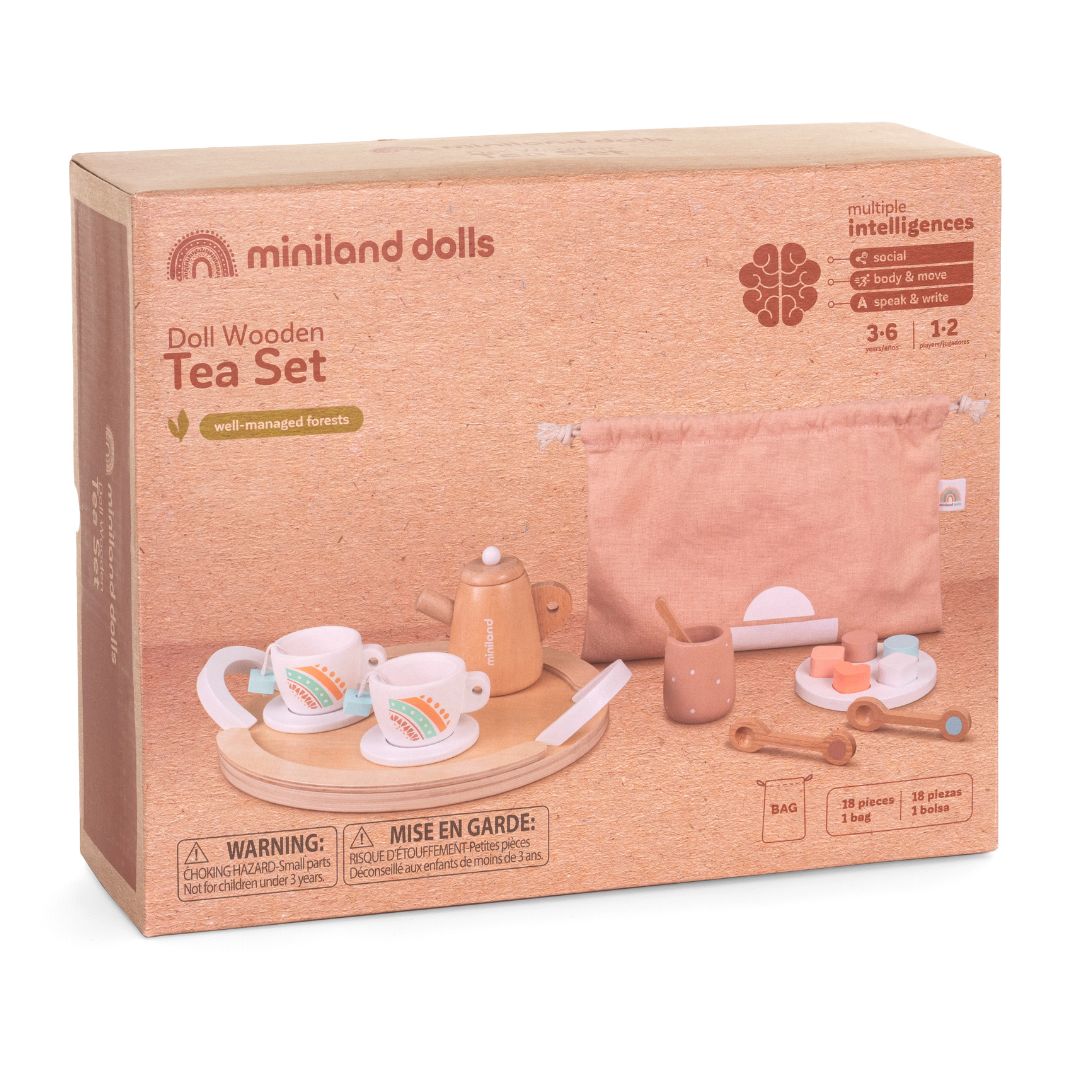 Box for the Miniland wooden tea set for dolls.