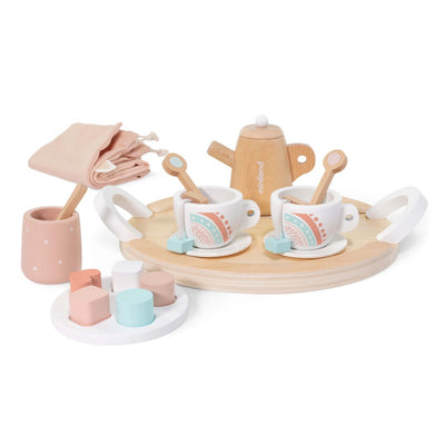 Miniland Wooden Doll Tea Set with teapot, cups, spoons, treats, and napkin arranged on a tray, displayed on a white background.