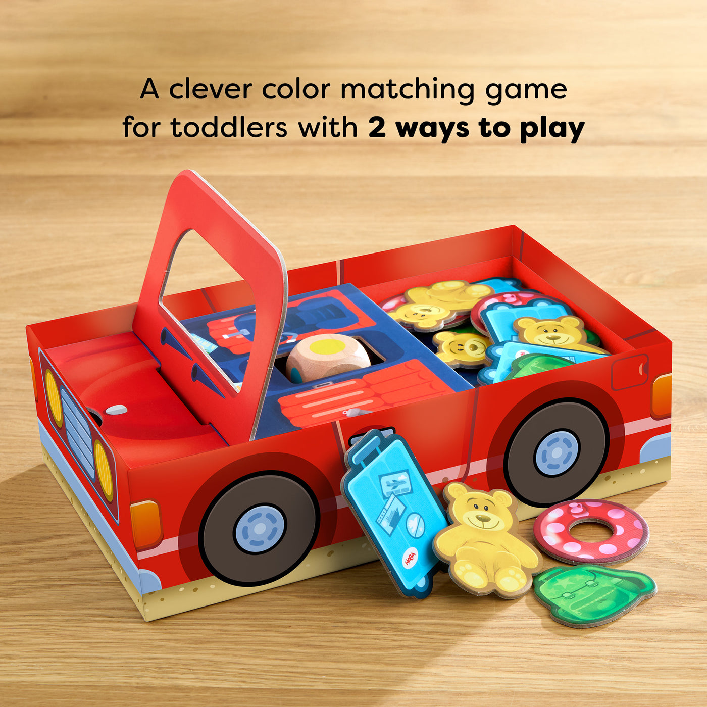 My Very First Games - Hello Vacation game car-shaped box on a wooden surface reading 'A clever color matching game for toddlers with 2 ways to play'