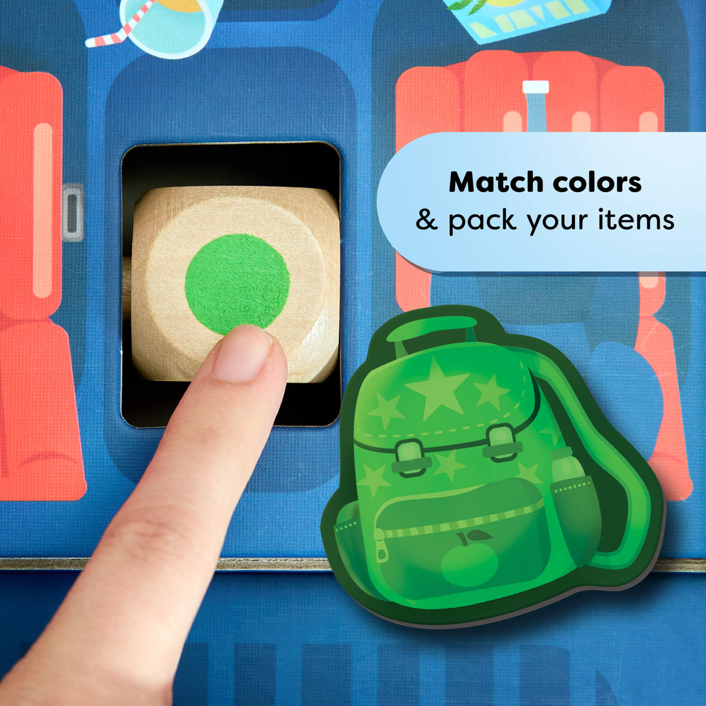 My Very First Games - Hello Vacation green backpack piece with a finger spinning the die showing a green dot. reads "Match colors and pack your items"