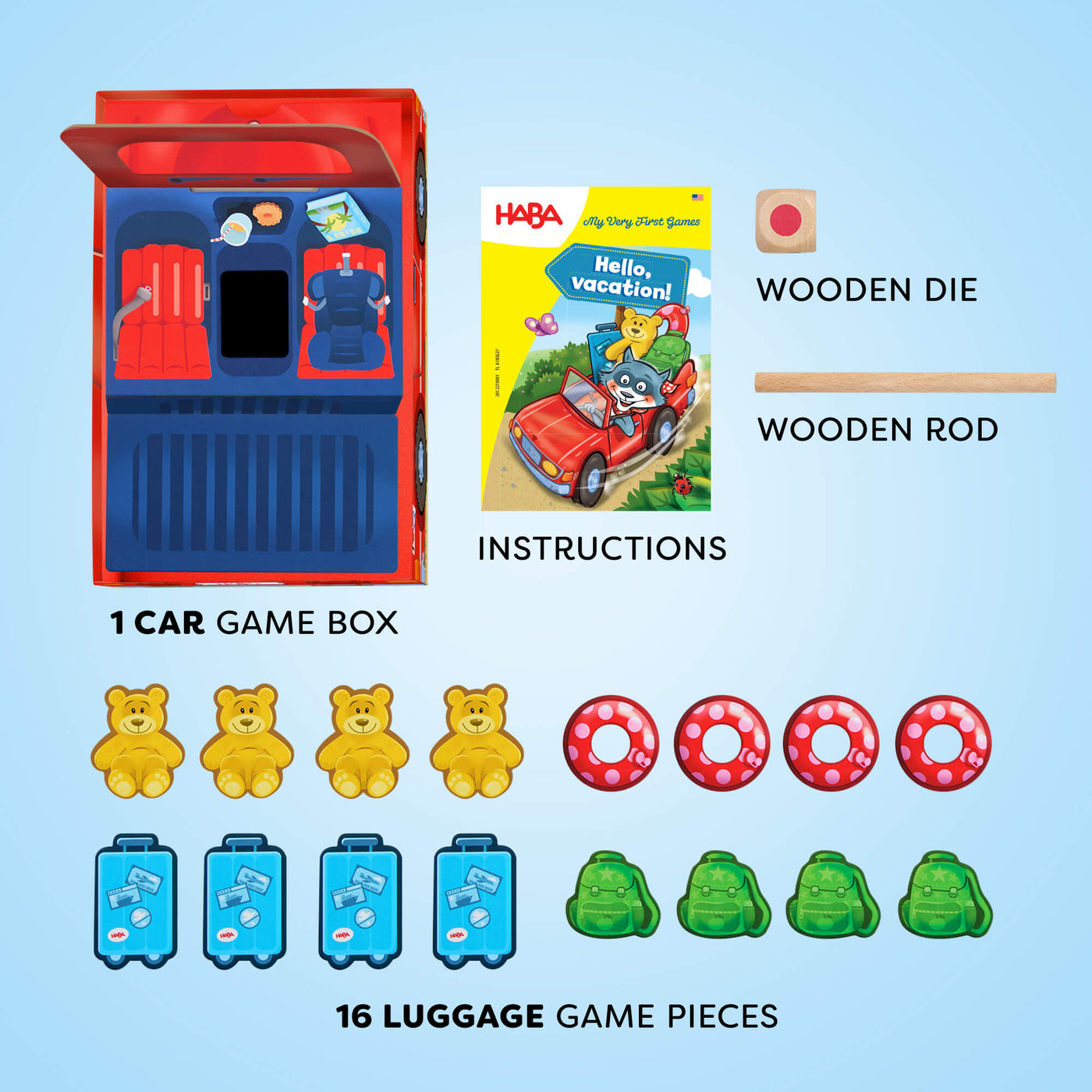 My Very First Games - Hello Vacation includes a game box, wooden die, wooden rod, instructions, and game pieces on a blue background