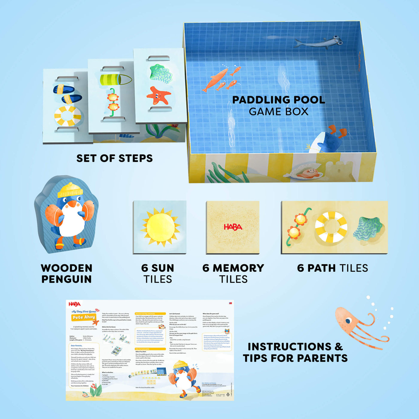 My Very First Games To Go - Pete Ahoy! components including Paddling Pool game box, set of steps, wooden penguin, 18 tiles, and instructions & tips for parents
