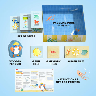 My Very First Games To Go - Pete Ahoy! components including Paddling Pool game box, set of steps, wooden penguin, 18 tiles, and instructions & tips for parents