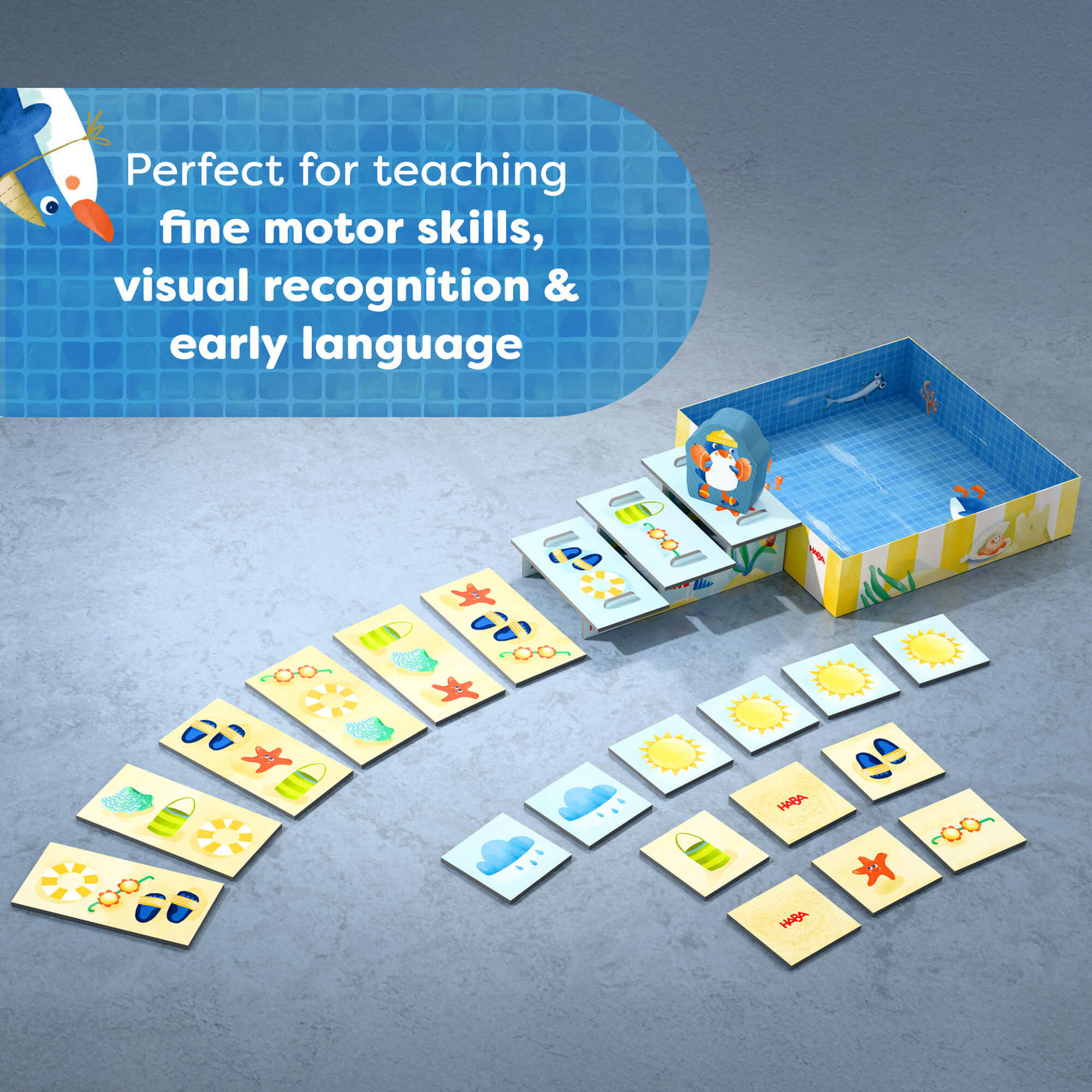 My Very First Games To Go - Pete Ahoy! with tiles and a box on a gray background, featuring text reading 'Perfect for teaching  fine motor skills, visual recognition & early language'