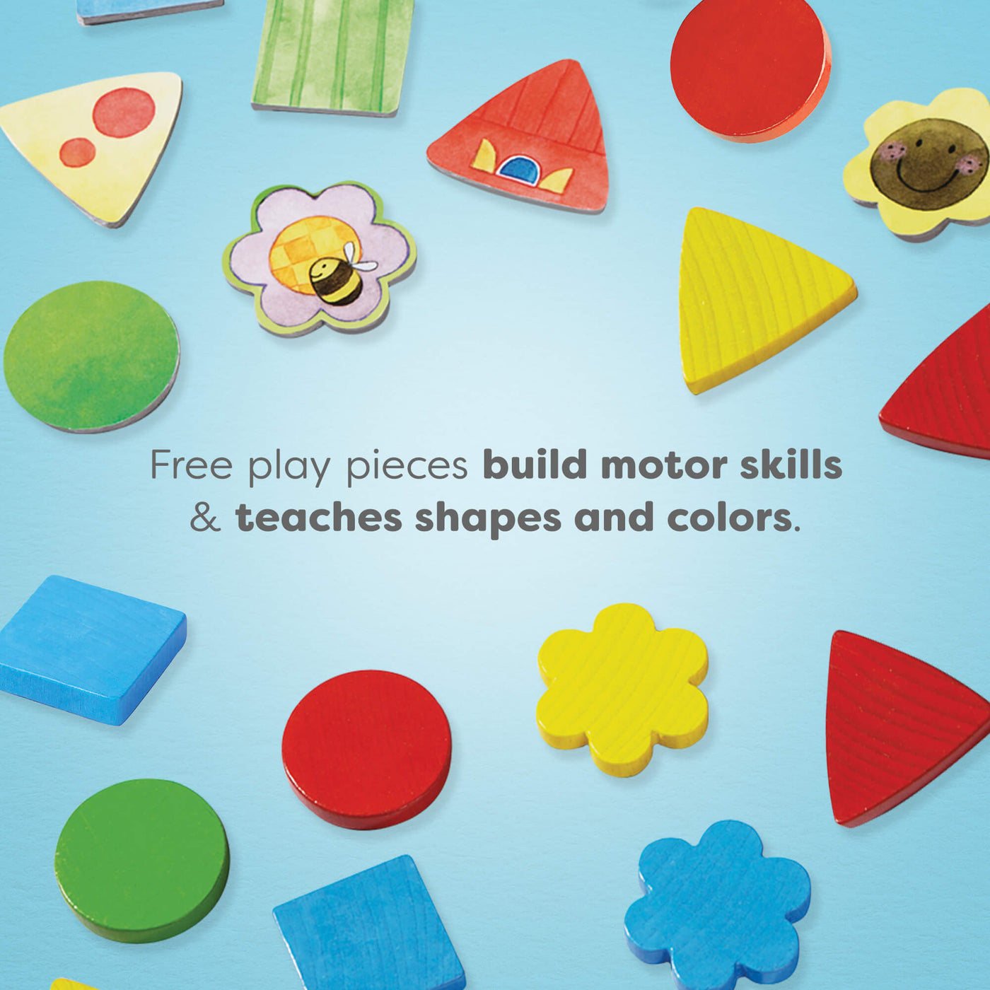 Colorful wooden play pieces. Text reads "Free play pieces build motor skills & teaches shapes and colors."