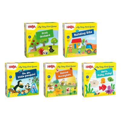 First Orchard. Here Fishy Fishy, Building Site, Go Go Little Penguin, and Hanna Honeybee game boxes