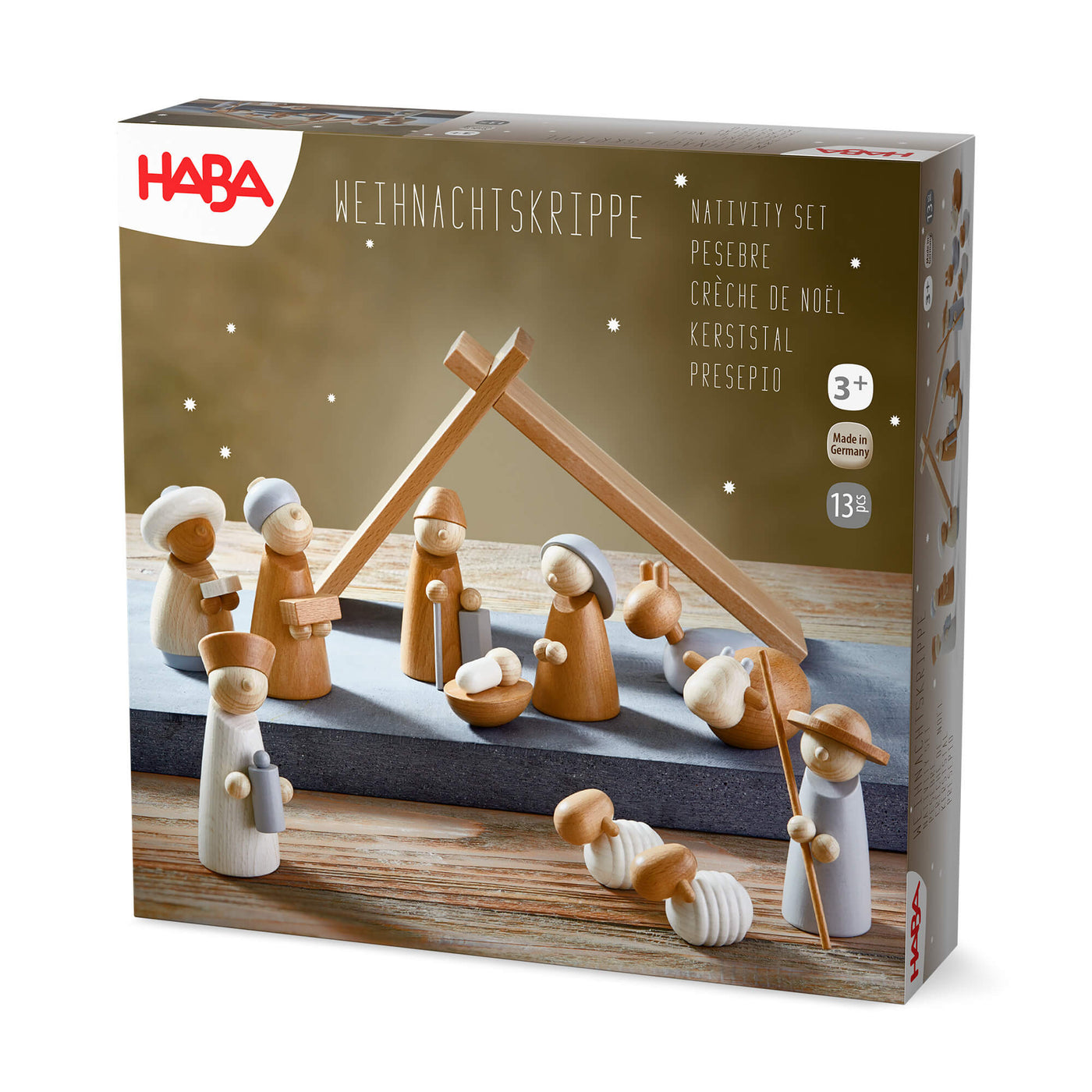 HABA nativity set packaging with wooden figures and stable on a white background