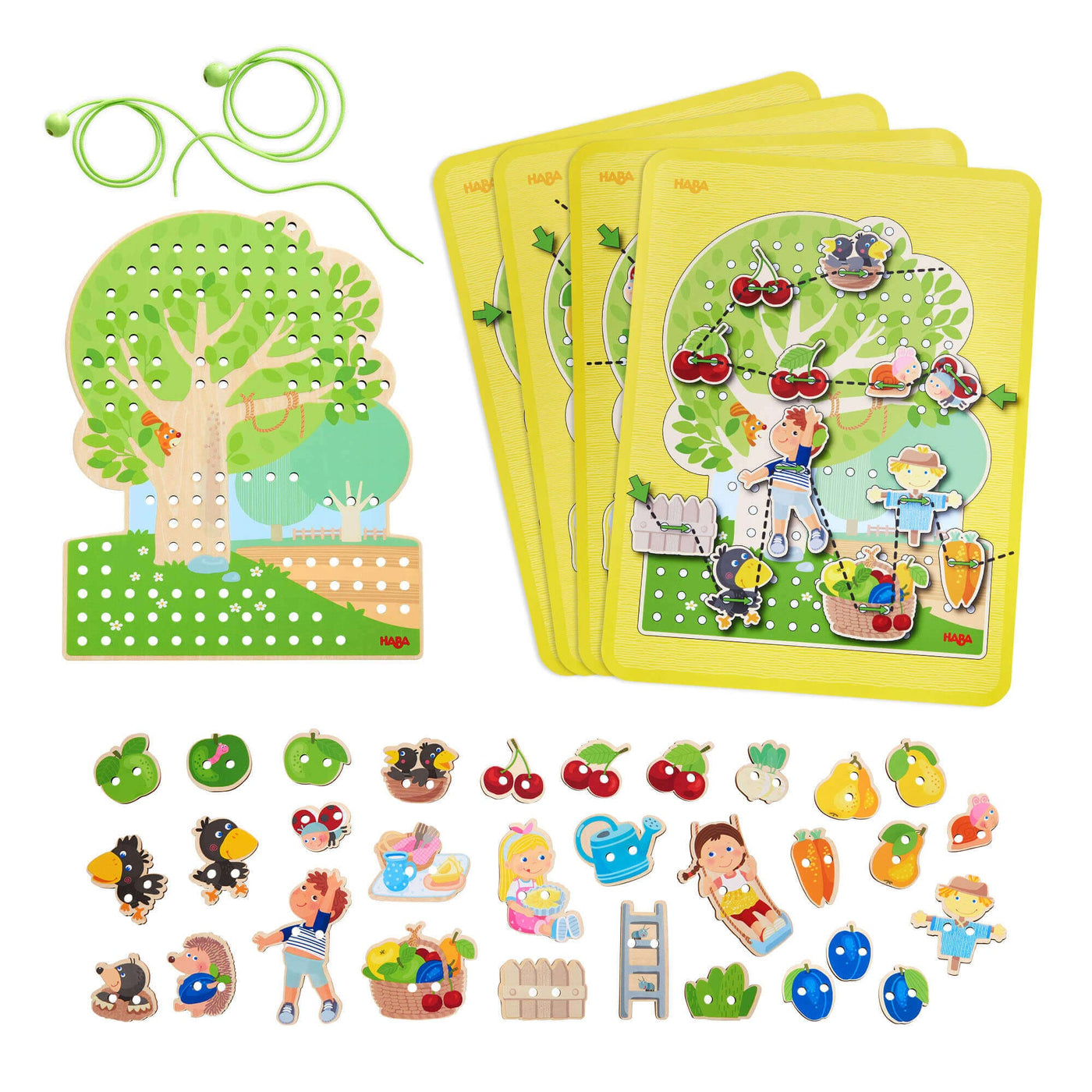 Orchard 31 Piece Threading Game by HABA with all pieces