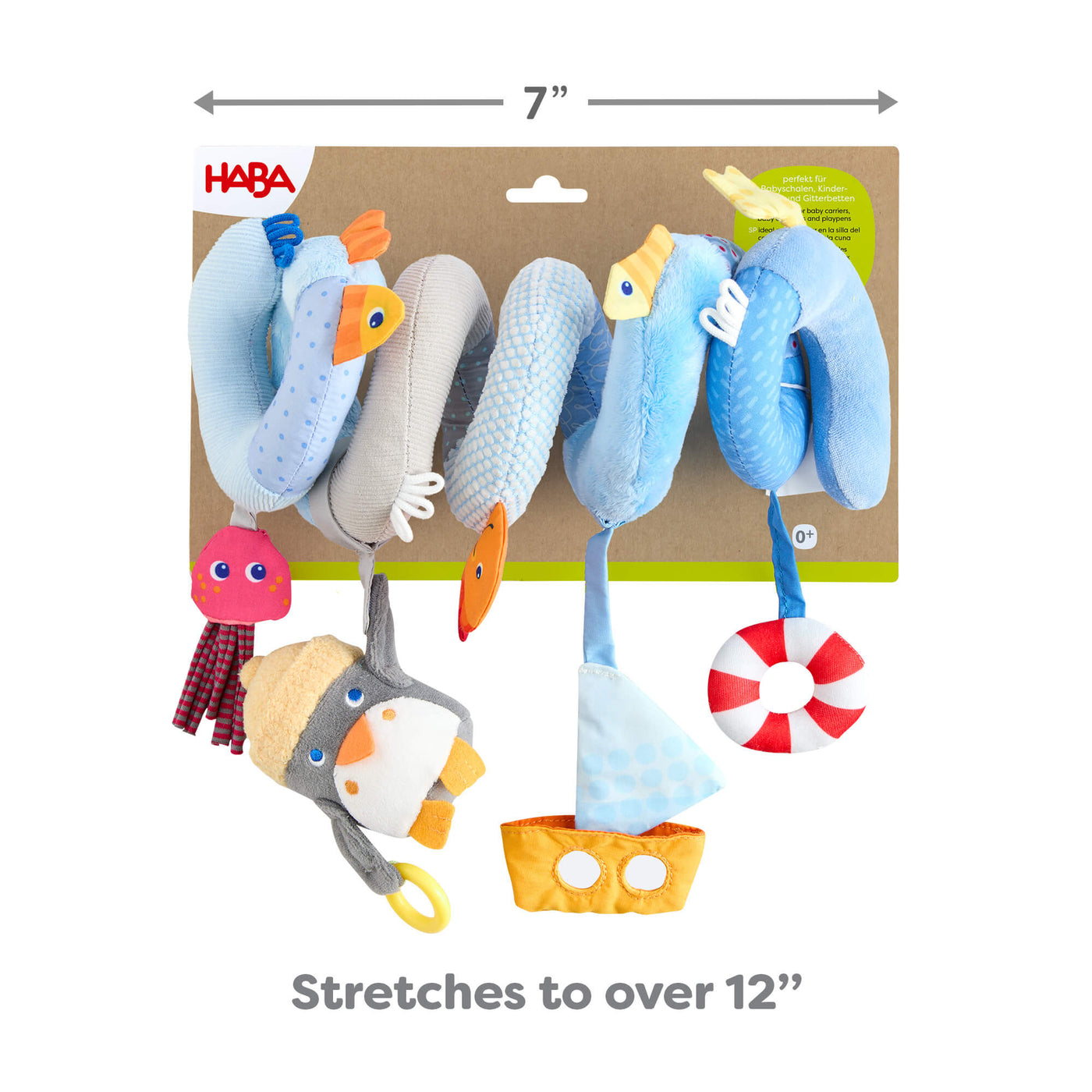 Penguin Activity Spiral Stroller & Car Seat Toy packaging. Toy is 7" and stretches to over 12" long