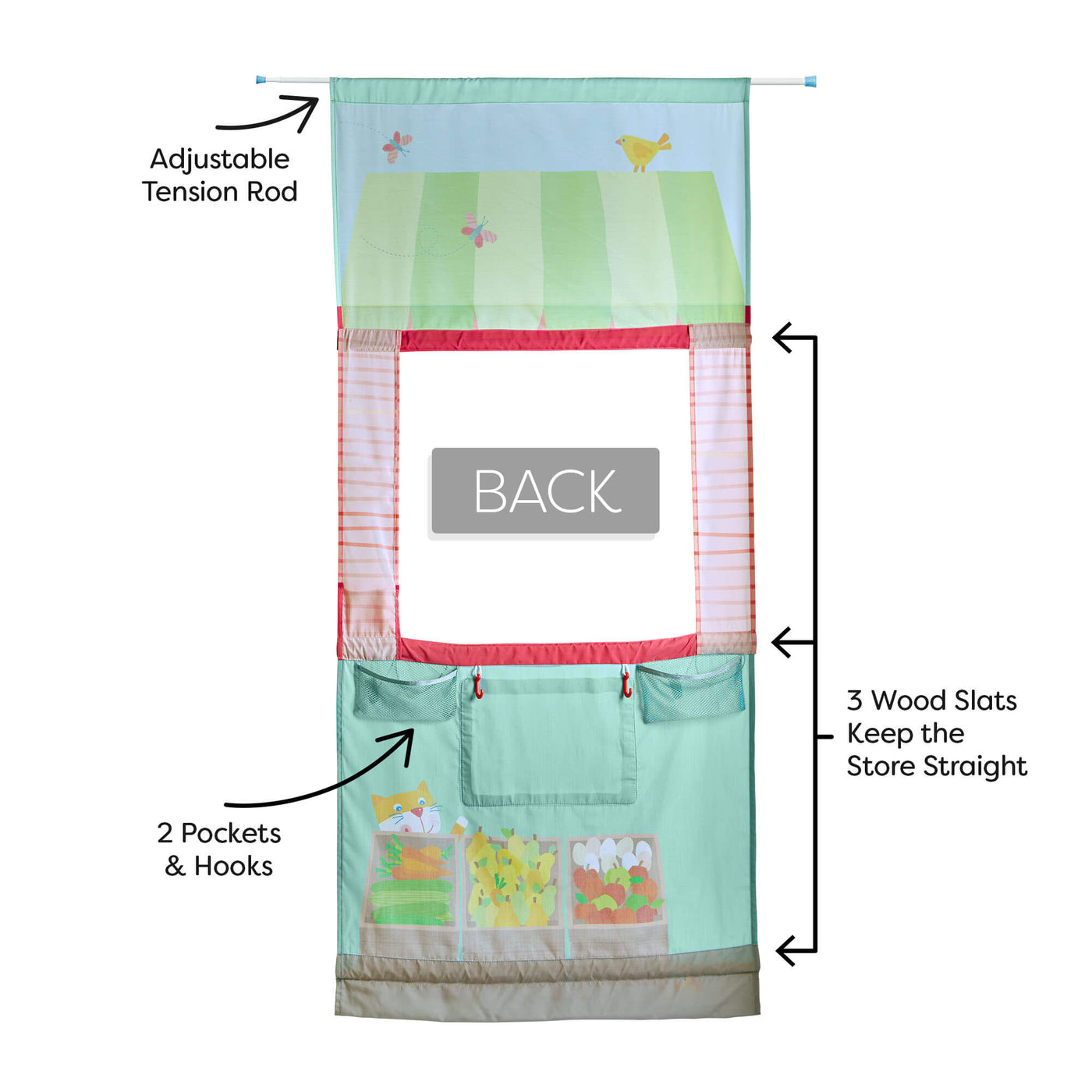 HABA Hanging Doorway Play Store back has 3 wood slats to keep the store straight, 2 pockets and hooks, and an adjustable tension rod