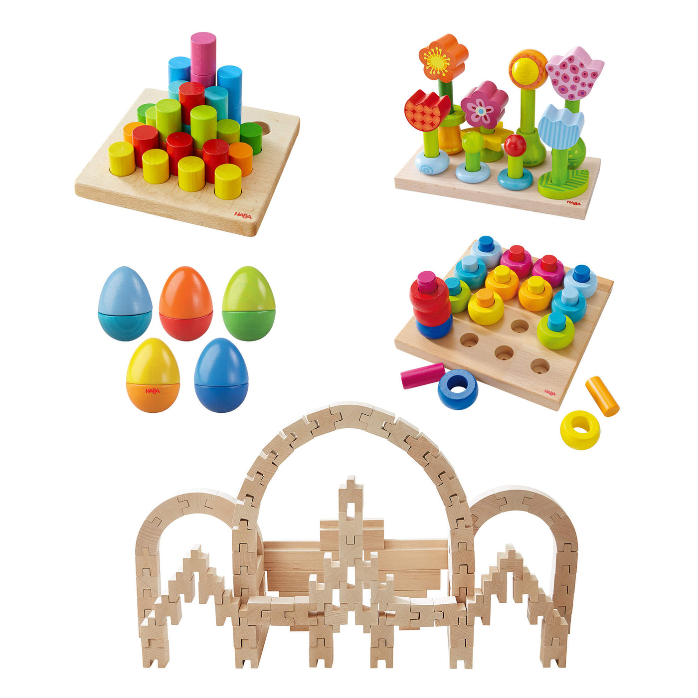 Fun with Sounds Wooden Eggs, Rainbow Whirls Wooden Sorting and Stacking Game, Interlocking Wooden Blocks Construction Set, Rainbow Risers Wooden Stacking Game, and Flower Garden Wooden Stacking and Sorting Game