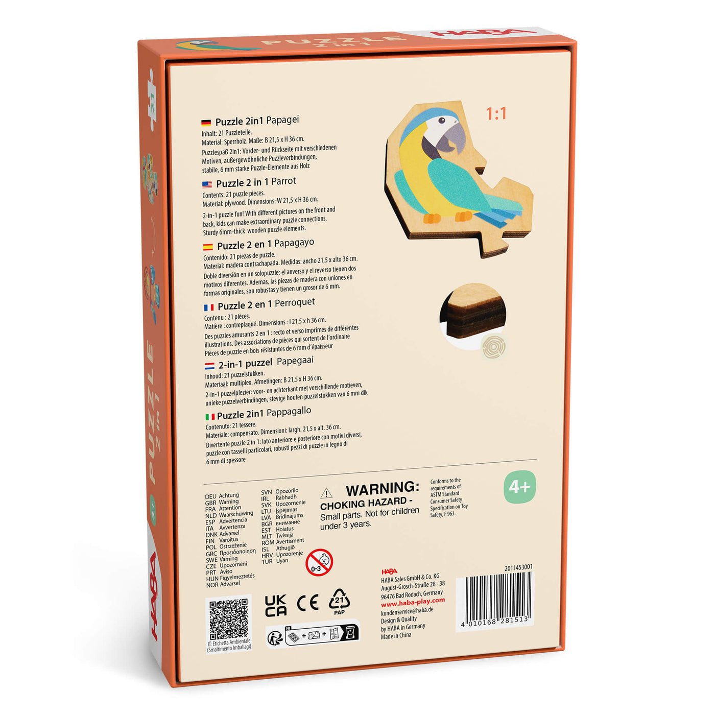 Parrot 2-in-1 Wooden Puzzle back of box