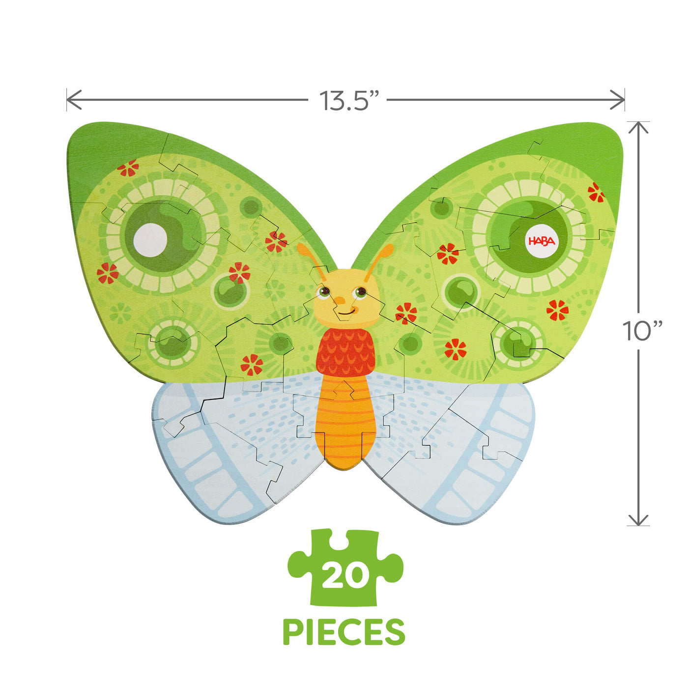 Butterfly-shaped 20-piece puzzle with colorful patterns in green and blue, measuring 13.5 by 10 inches.