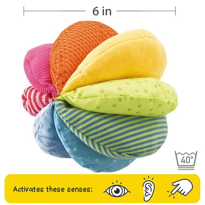 Rainbow Fabric Baby Ball measures 6" in diameter and activates touch, auditory, and visual senses