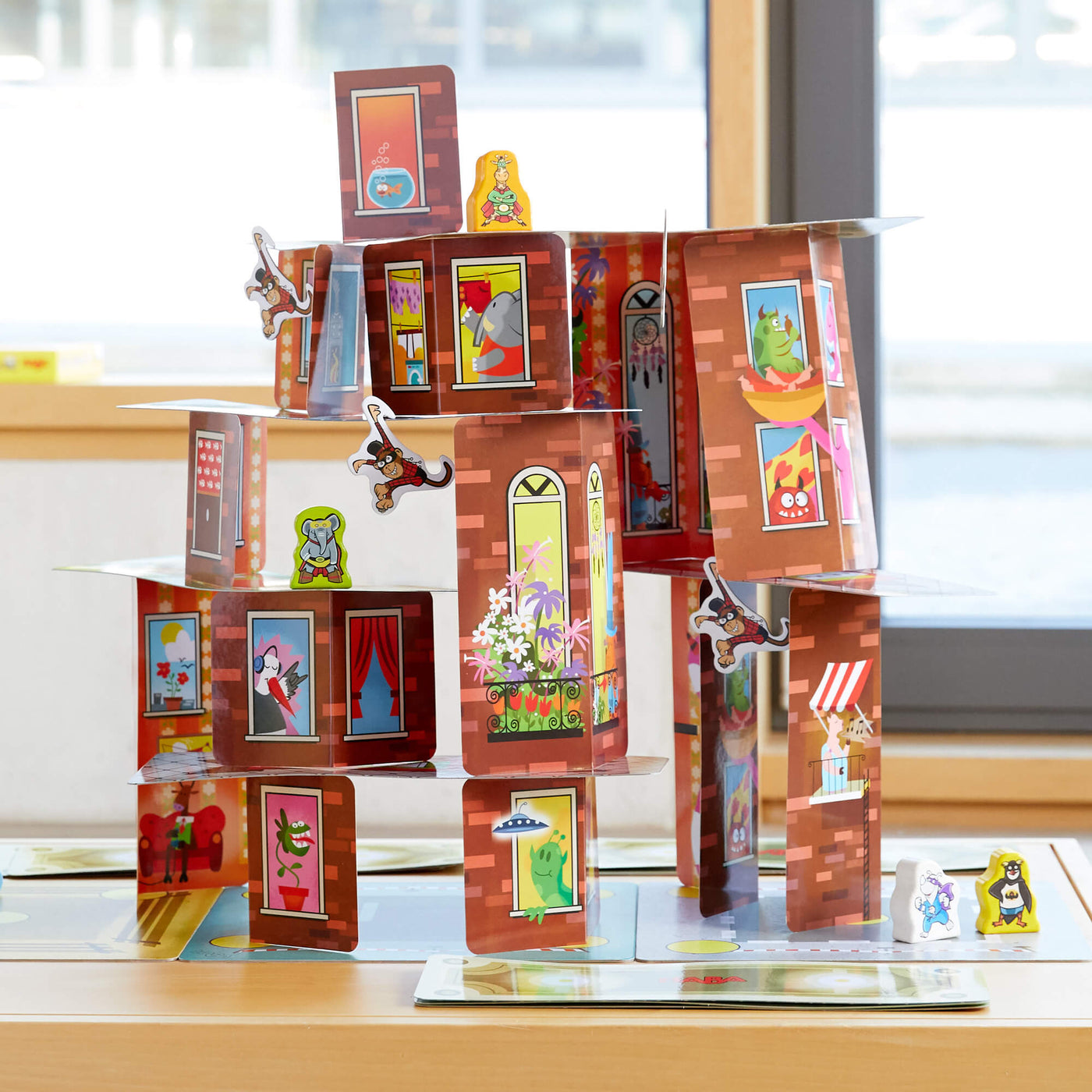 Rhino Hero Super Battle game set up in front of a sunny window