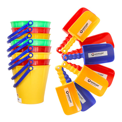 Colorful sand pails and shovels with 'Spielstabil' branding on a white background