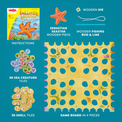 HABA Sebastian Seastar game includes game board, 72 tiles, Sebastian Seastar piece, wooden die, and wooden fishing rod and line