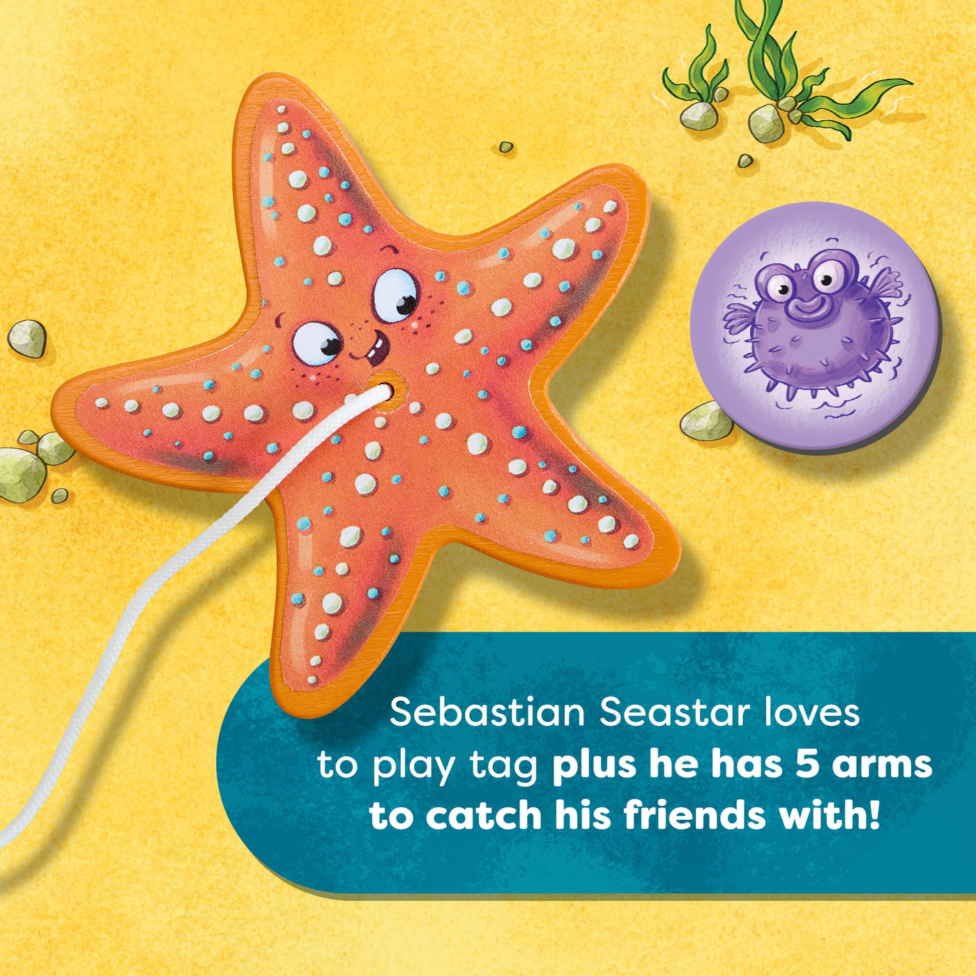 Cartoon starfish with a purple blowfish from the HABA game Sebastian Seastar, text reads 'Sebastian Seastar loves to play tag plus he has 5 arms to catch his friends with!'