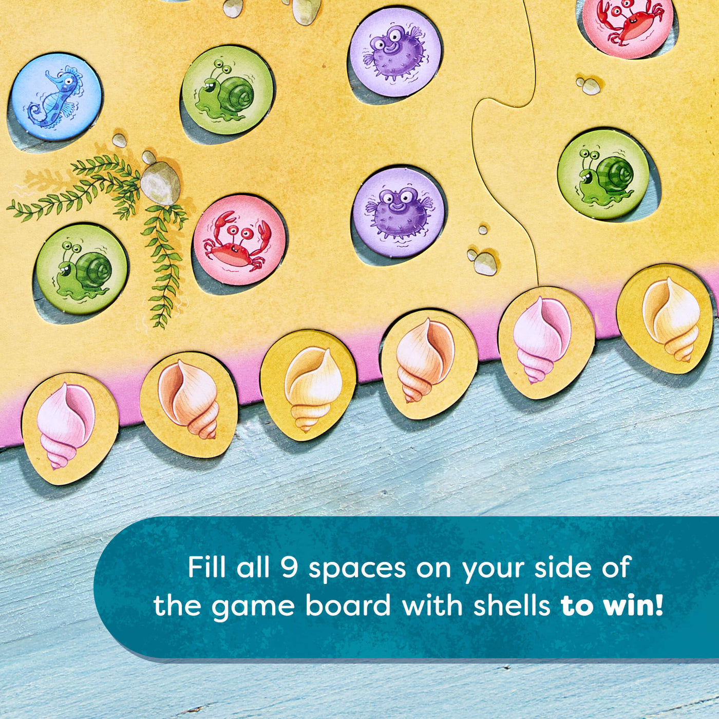 HABA Sebastian Seastar game board with colorful shell-shaped spaces and a text reading 'Fill all 9 spaces on your side of the game board with shells to win!'