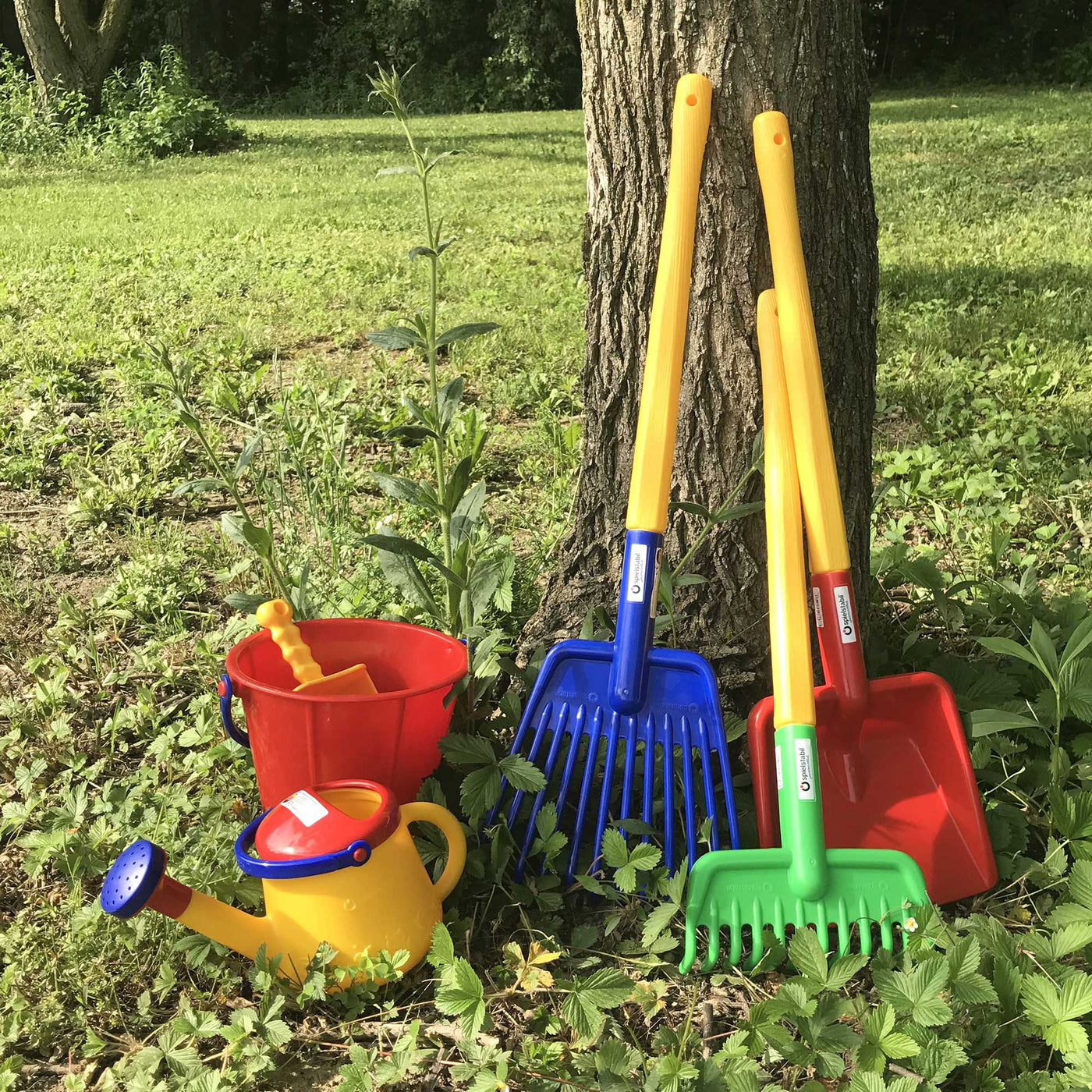 Spielstabil Garden Toy Collection with watering can, pail, garden rake, and heavy duty shovel