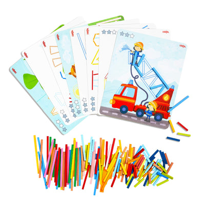 A set of template cards  featuring a card of a fire truck and firefighters with colorful wooden sticks.