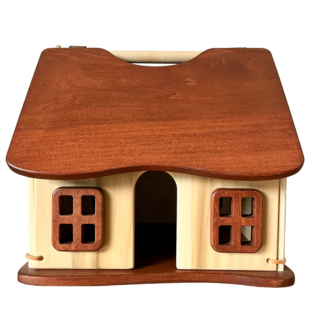 Bella Luna Thimbleberry Cottage- Classic Wooden Dollhouse- Wooden Toys and Dollhouses- Child playing with wooden figurines in wooden dollhouse- Bella Luna Toys