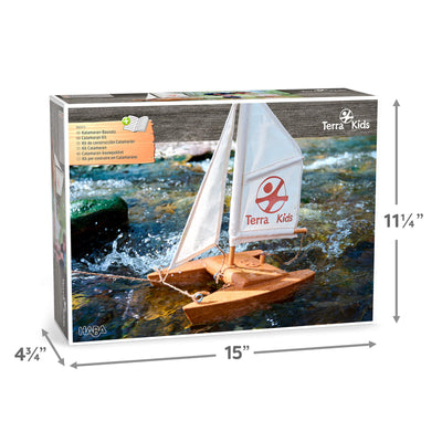 Model sailboat kit packaging with dimensions and Terra Kids branding