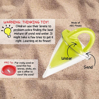 Spilling Funnel XXL Sand and Water Mixing Toy - HABA USA graphic depiction of use - Pro Tip: For rocky sand, use a sifter to clean the sand first for the finest sand