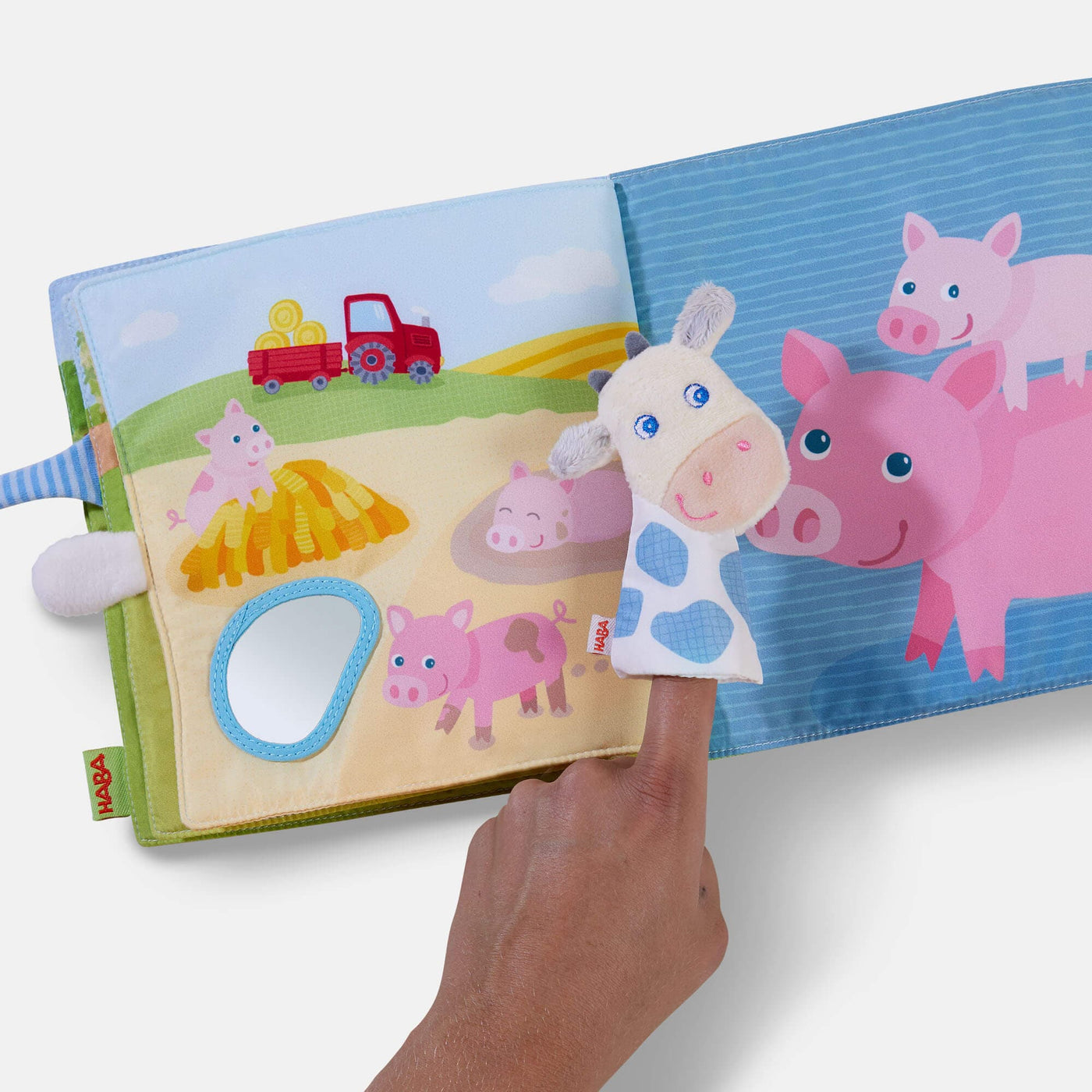 Down on the Farm Soft Book with Cow Puppet - HABA USA